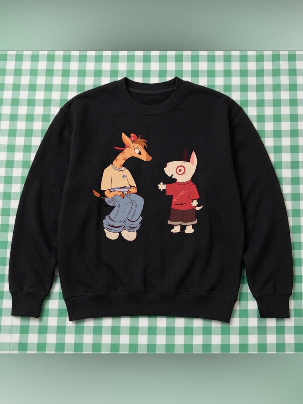 Black Graphic Crewneck Sweatshirt with Cartoon Characters For Unisex